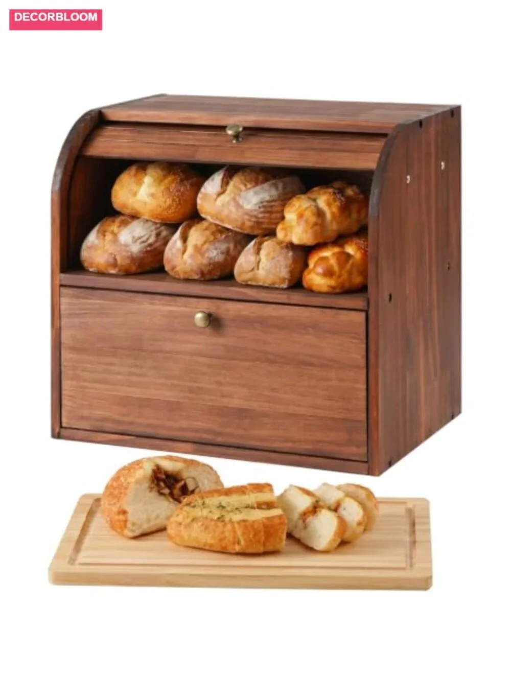Wooden 2-Tier Bread Box with Roll Top & Cutting Board, Kitchen Storage